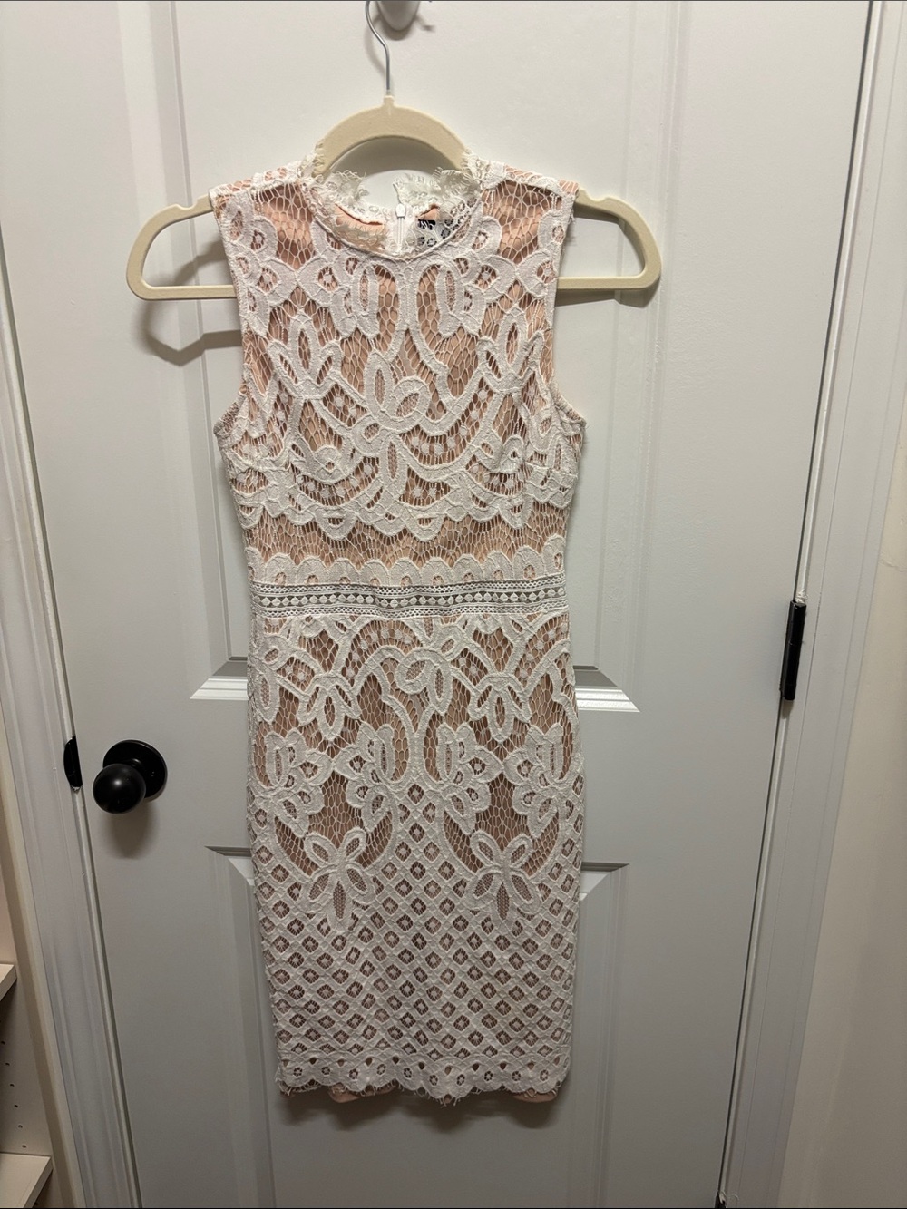 Lulu's White Lace Midi Sheath Dress with Nude Underlay